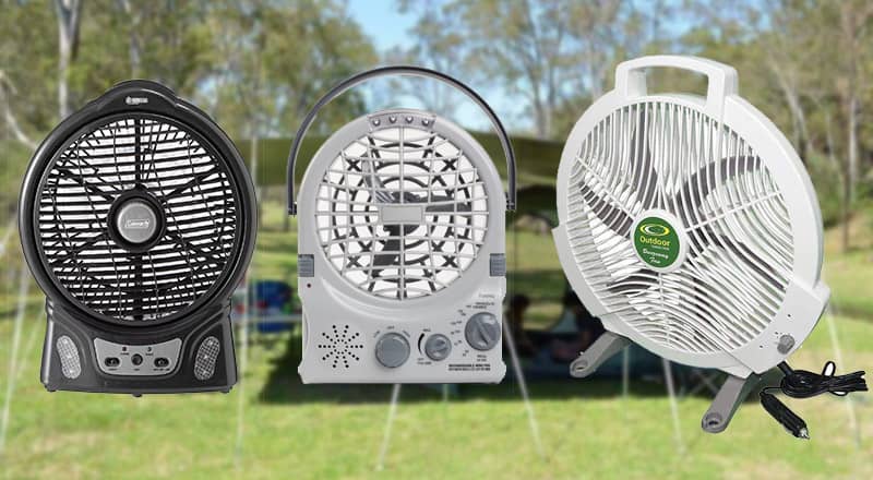 Three different types of camping fans in a field.