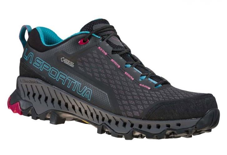 A hiking shoe for women with blue and pink accents.