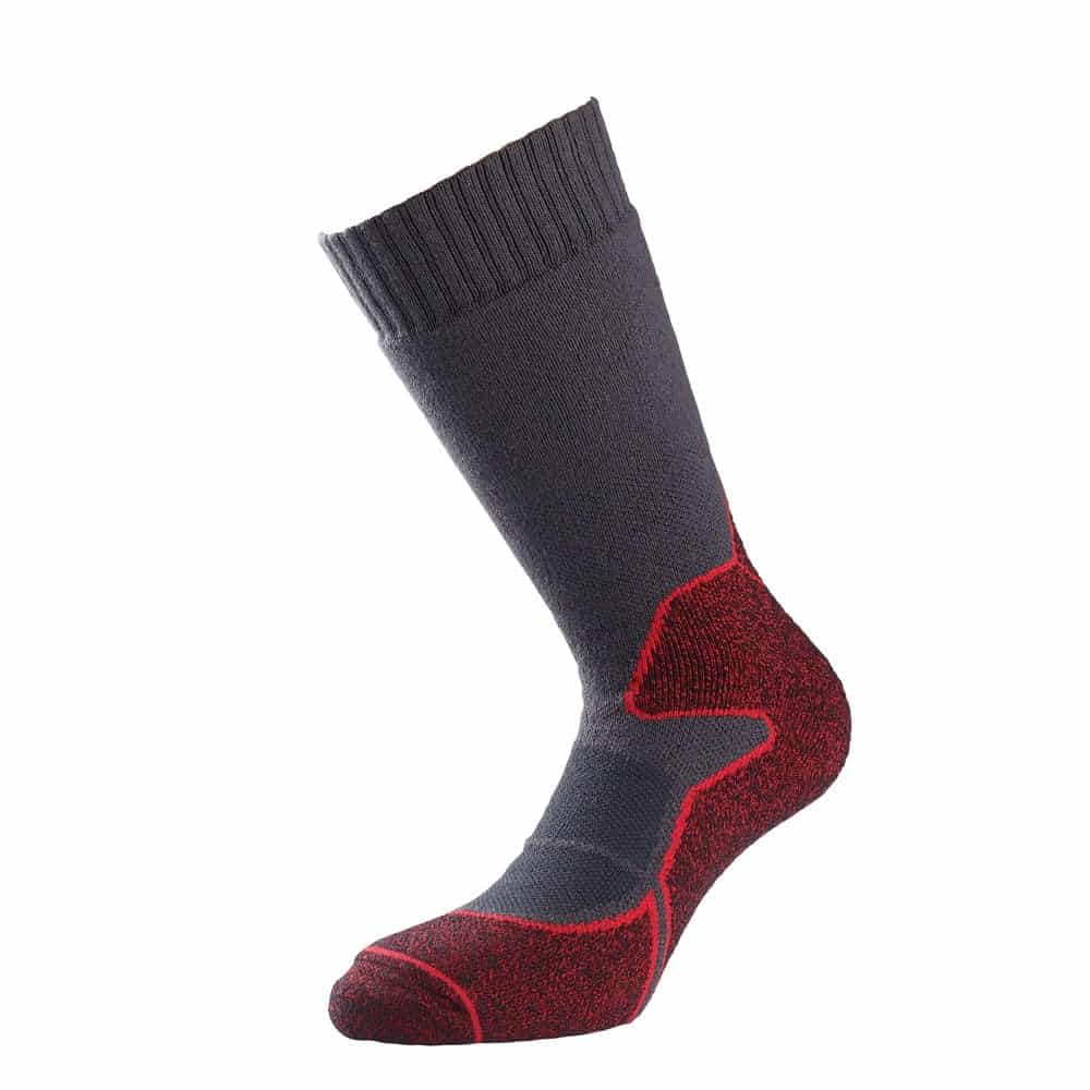 A pair of best hiking socks with a red and gray design.