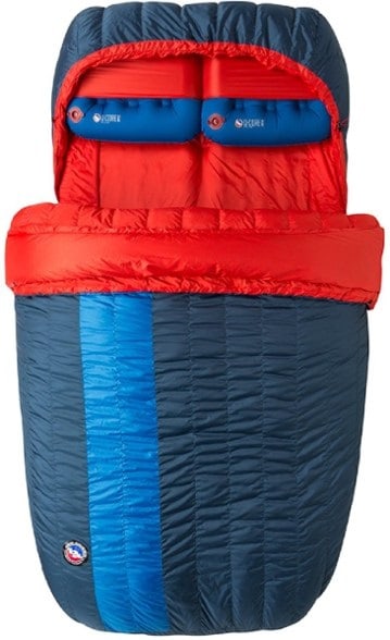 A blue and red sleeping bag.