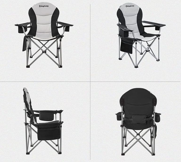 four different views of a folding camping chair.