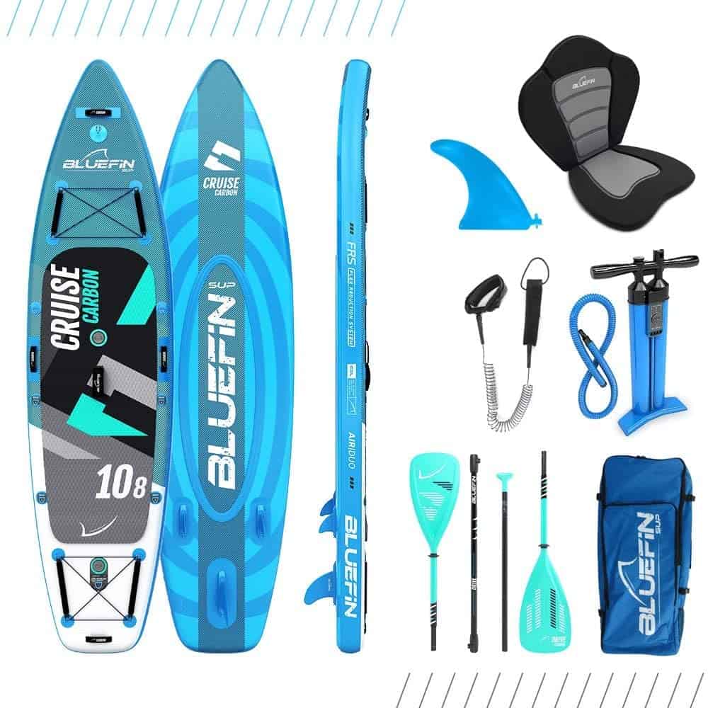 A picture of an inflatable kayak and accessories, suitable for stand up paddleboards.