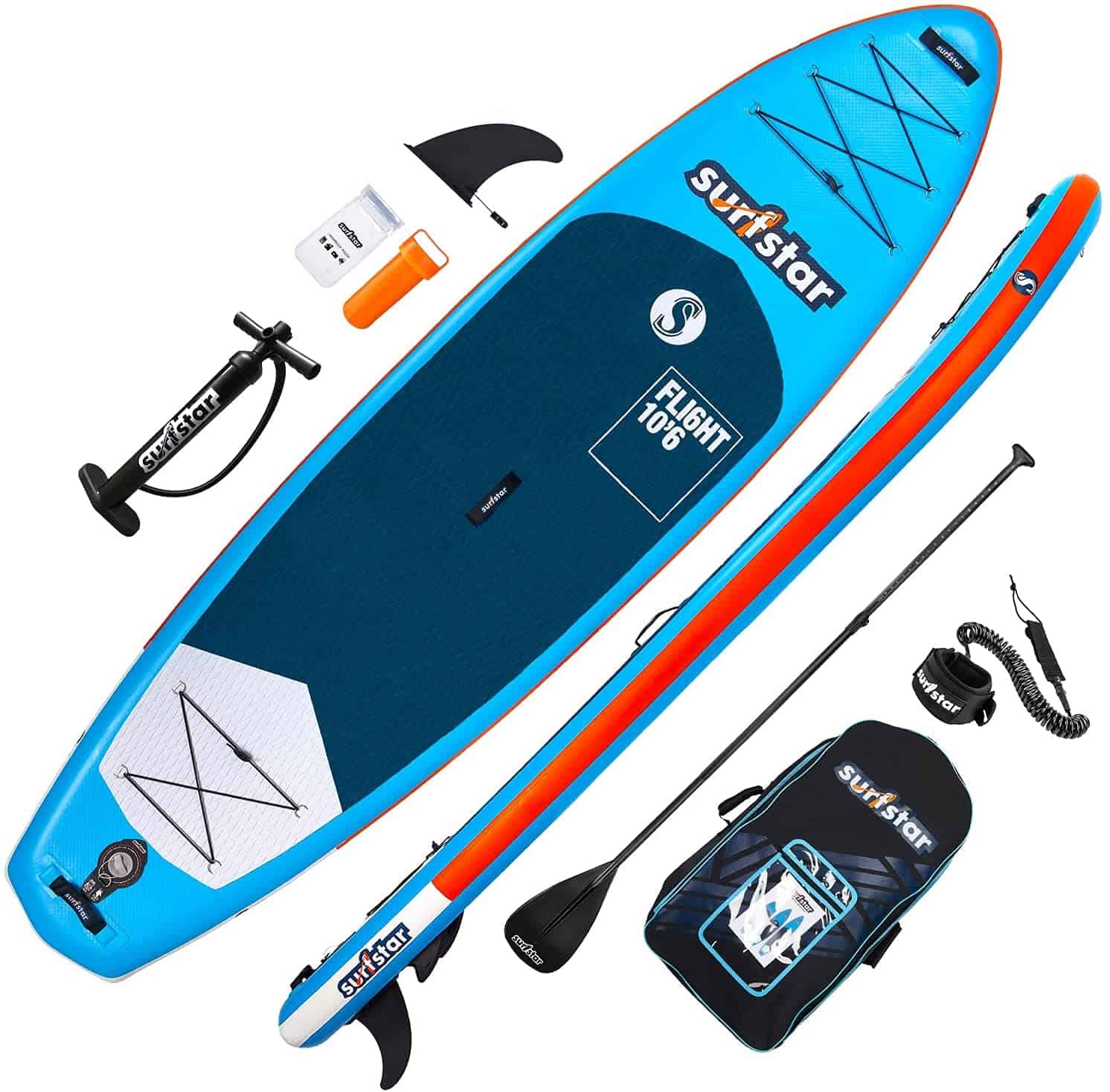 A red and blue SUP with accessories.