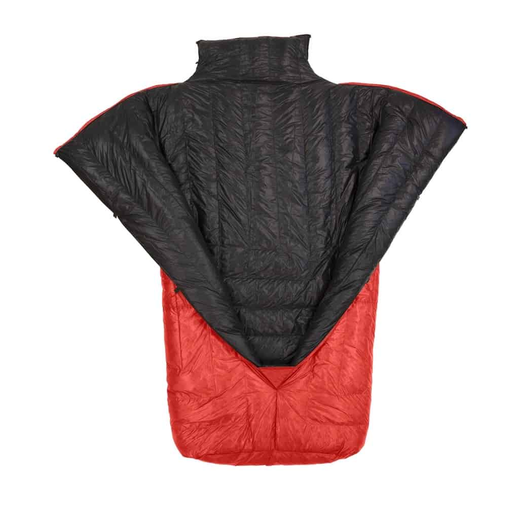 One of the best camping sleeping bags with a black and red design and red lining.