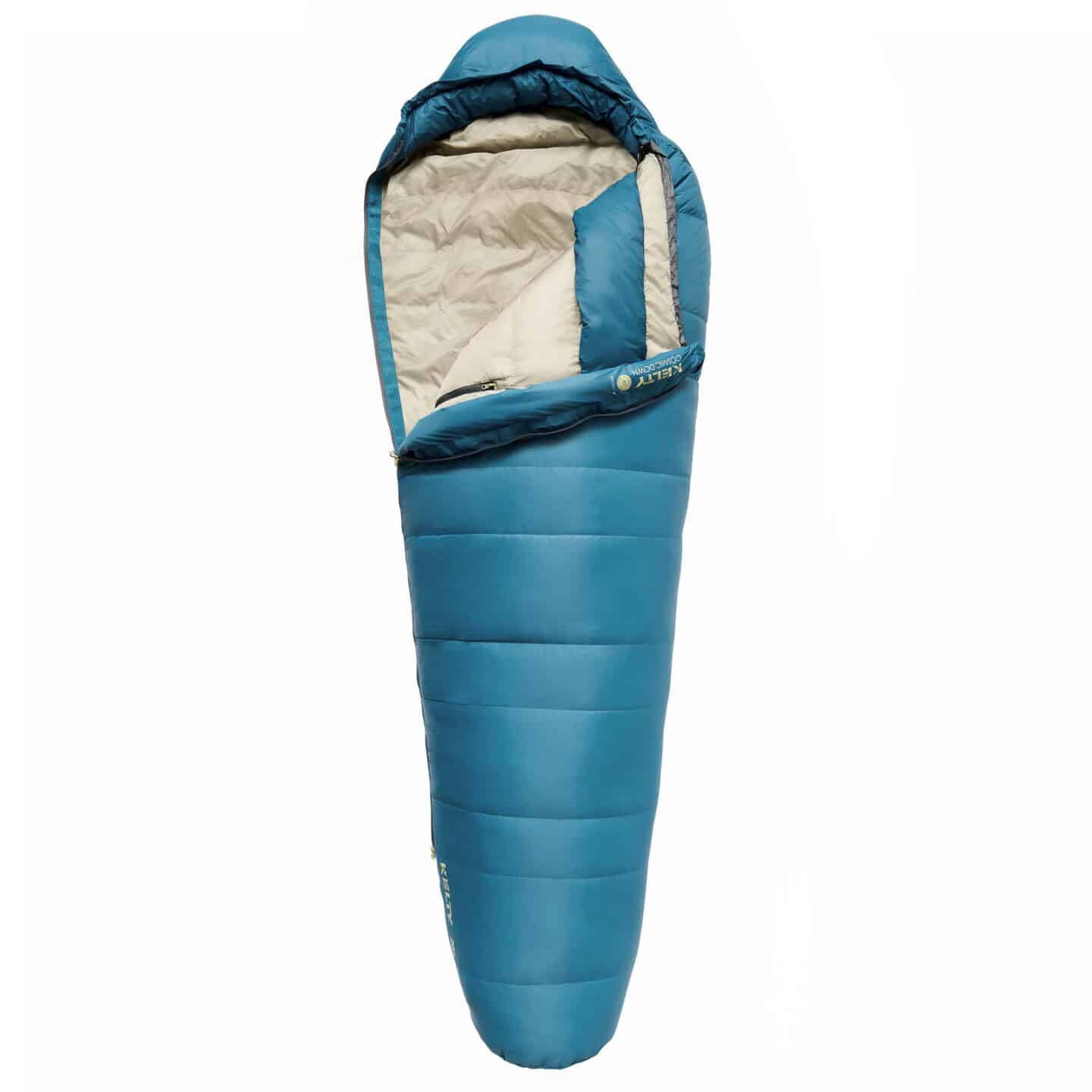 A camping sleeping bag in blue on a white background.