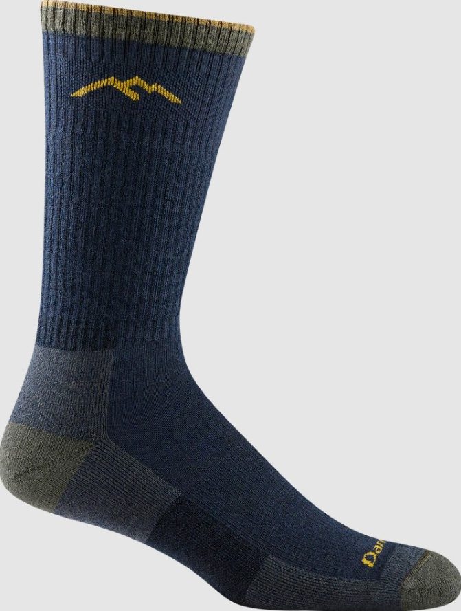 Blue hiking socks with yellow accents.