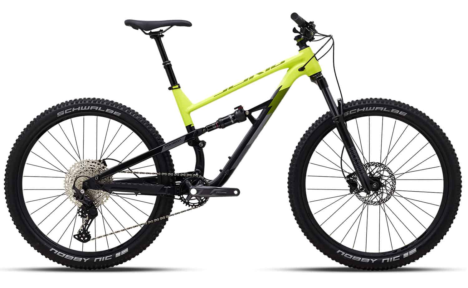 a yellow and black mountain bike on a white background.