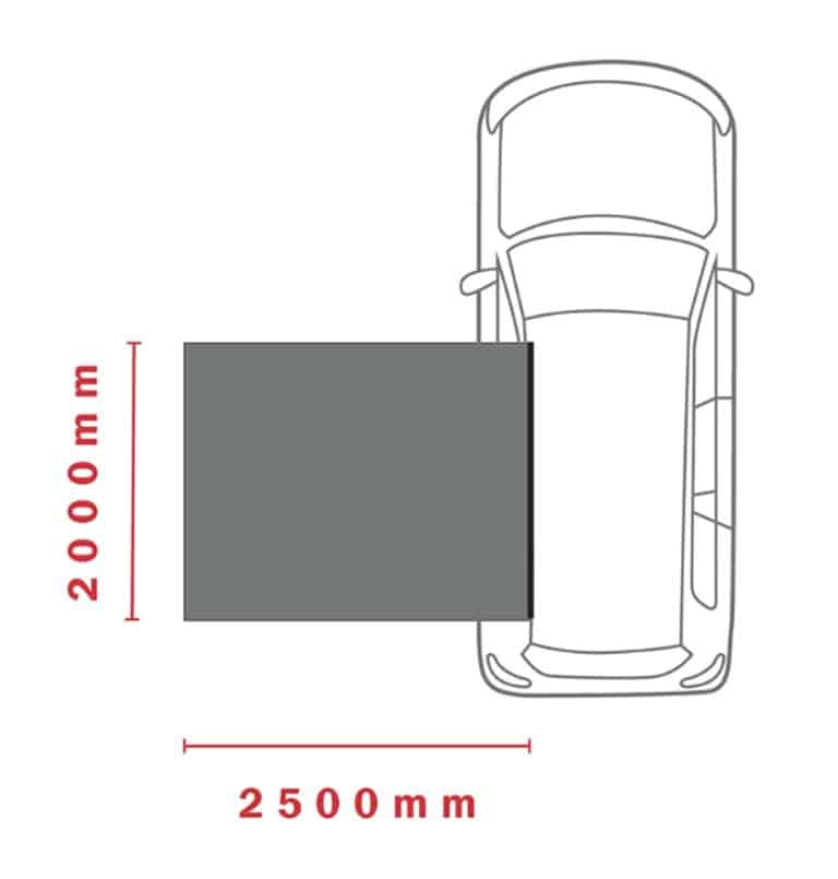 A car drawing with an open door and a 4x4 pullout awning.