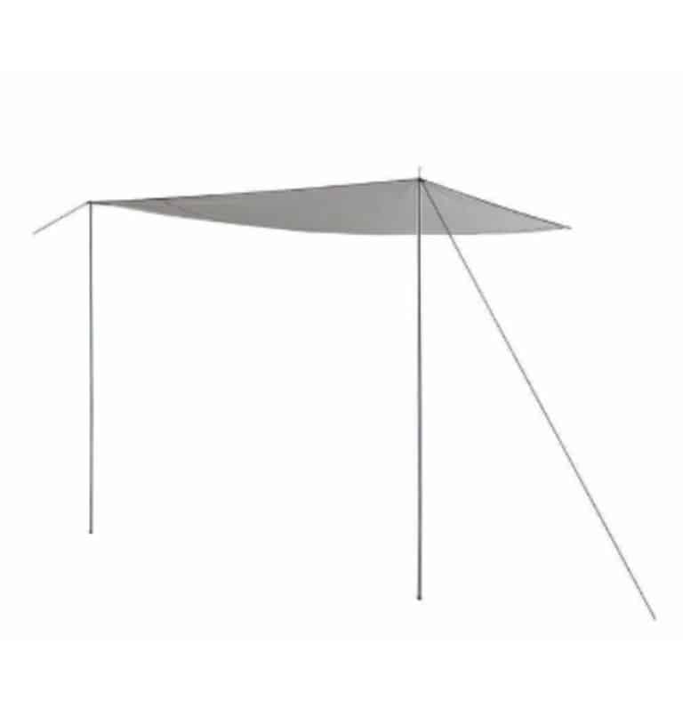 a white tent with a long pole attached to it, featuring a 4x4 pullout awning.