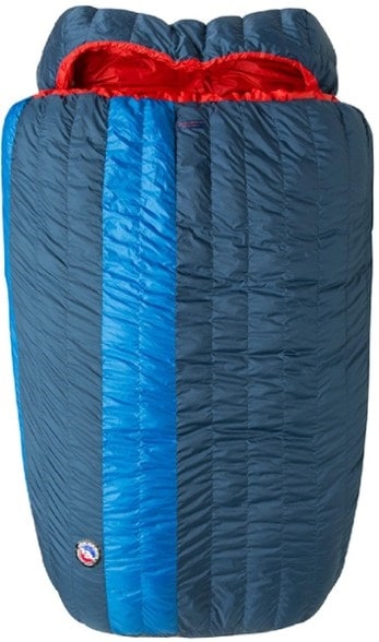 A camping sleeping bag with a red and blue stripe.