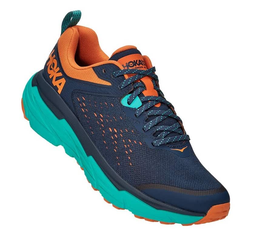 A pair of blue and orange trail running shoes on a white background.