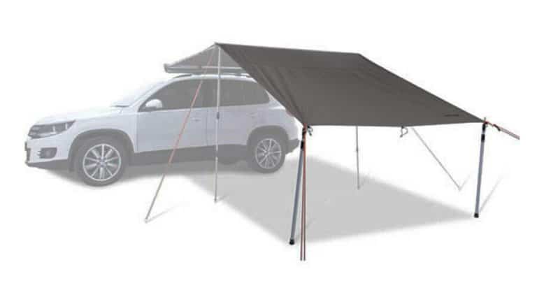 a car parked under a pullout awning on a white background.