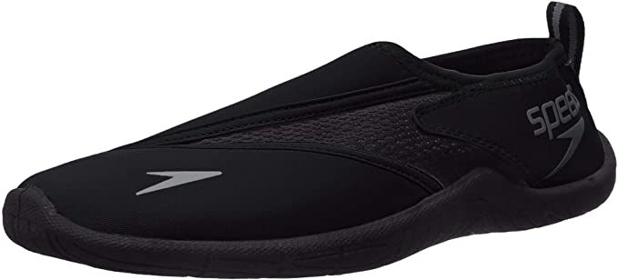 a black shoe with a white logo on the side.