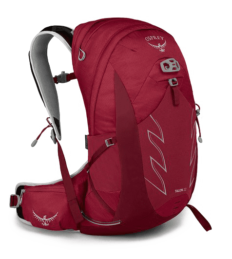 a red backpack with a white logo on it.