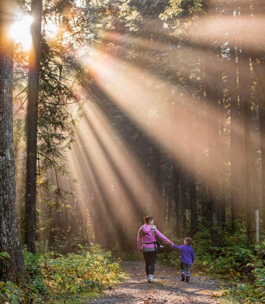 A mother and child taking a nature walk through the woods perfect for Mother's Day.