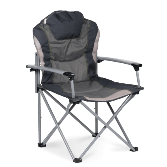 a grey and black camping chair.