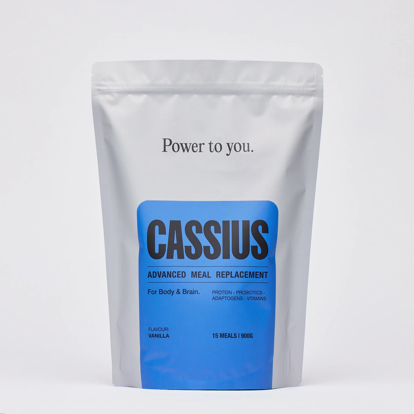 a bag of cassus powder on a white background.