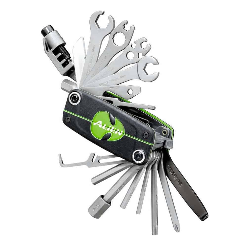 A bike accessory - Swiss Army Knife with a green handle.