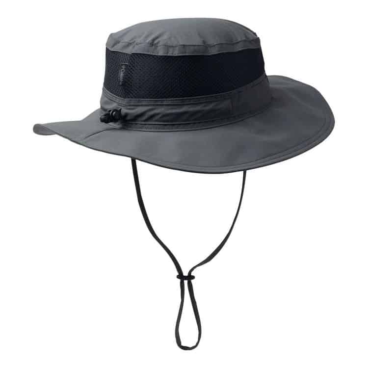 A camping hat with a black brim." (using "camping hats" keyword)