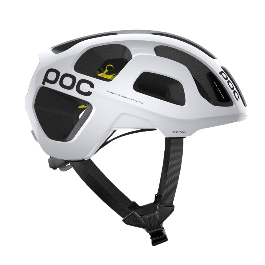 A mountain bike helmet with a white color scheme and a black and yellow logo.