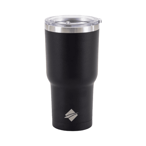 A black travel tumbler with a silver lid.