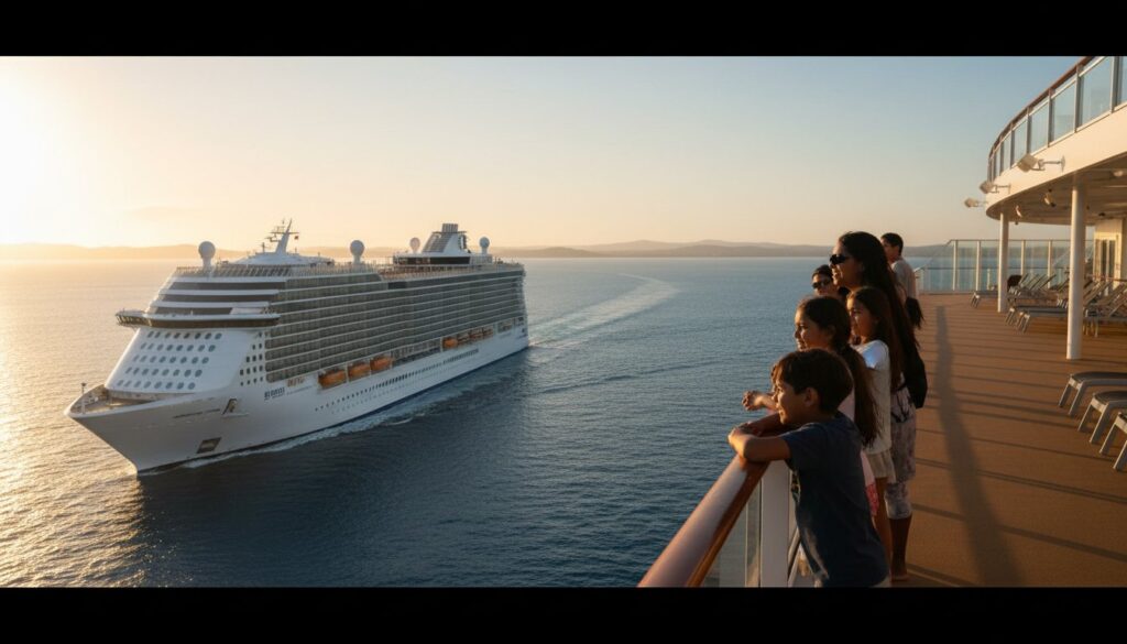 A group of people, including children, watch a large white cruise ship sailing on calm water at sunset from the deck of another ship. The sky is clear, and distant land is visible on the horizon.