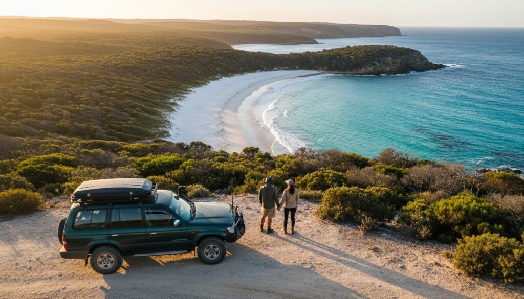 A couple stands beside an SUV on a cliff overlooking a curved, sandy beach and turquoise ocean, surrounded by green shrubland at sunset.