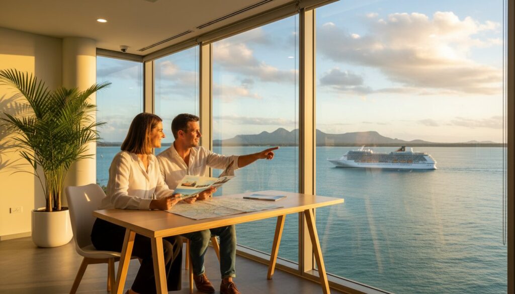 A man and woman sit at a desk with maps and travel brochures, smiling and looking out large windows at a cruise ship sailing on the ocean near mountains during sunset.