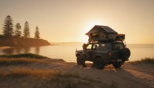 A camper SUV with a rooftop tent is parked on sandy grass near a calm beach at sunset. Pine trees and cliffs are in the background, and the sun glows above the horizon, casting a golden light over the scene.