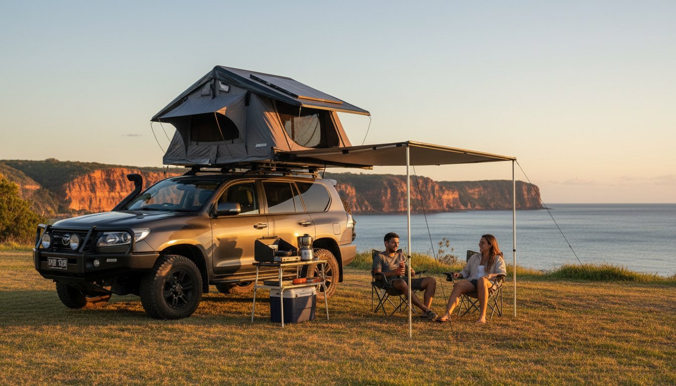 Two people sit in camping chairs under an awning attached to an SUV with a rooftop tent, overlooking the ocean and cliffs at sunset. Camping gear is set up beside them on grassy terrain.