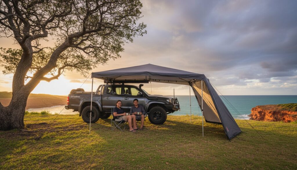 Two people sit under an awning attached to a parked SUV on a grassy cliff overlooking the ocean at sunset, with dramatic clouds and a large tree nearby.