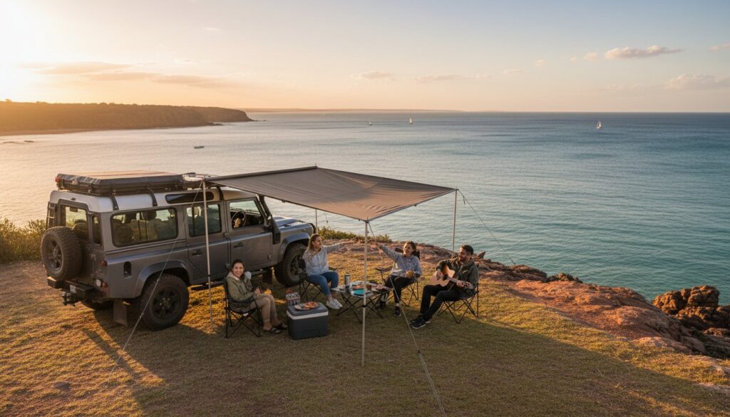 Four people sit in camping chairs under an awning attached to a parked SUV on a cliff, overlooking the ocean at sunset, enjoying food and drinks. The sky is clear with a few clouds and distant sailboats.