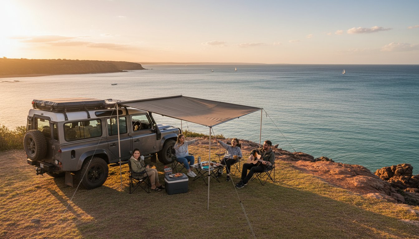 Four people sit in camping chairs under an awning attached to a parked SUV on a cliff, overlooking the ocean at sunset, enjoying food and drinks. The sky is clear with a few clouds and distant sailboats.