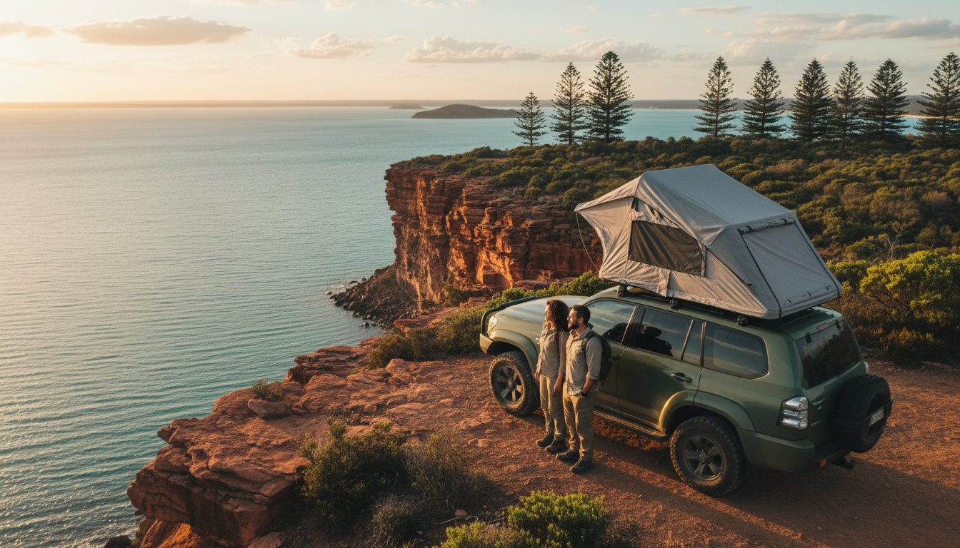 A couple stands beside an SUV with a rooftop tent, parked on a cliff overlooking the ocean at sunset, with pine trees and distant islands visible in the background.