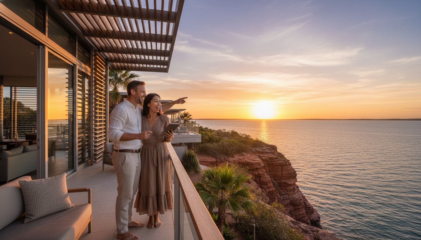 A couple stands on a balcony overlooking the ocean at sunset, smiling as the woman points toward the horizon. The modern building and coastal cliffs add to the scenic, peaceful atmosphere.