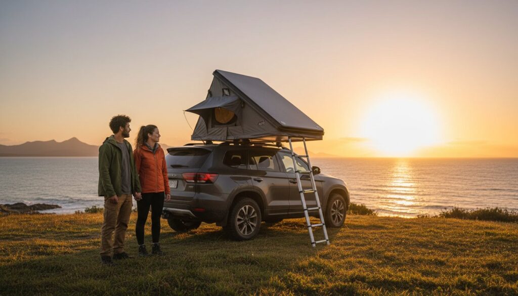 Two people stand by an SUV with a rooftop tent beside the ocean at sunset, with mountains in the distance and sunlight reflecting on the water.
