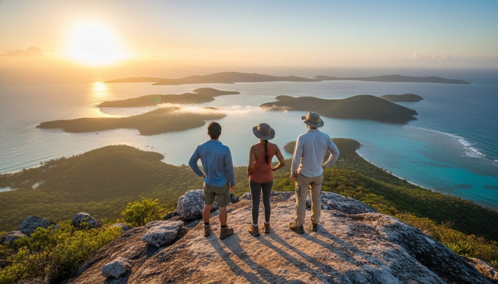 Three people stand on a rocky cliff overlooking a scenic view of lush islands, turquoise water, and the ocean at sunset. The sky is clear, and sunlight bathes the landscape in a warm glow.