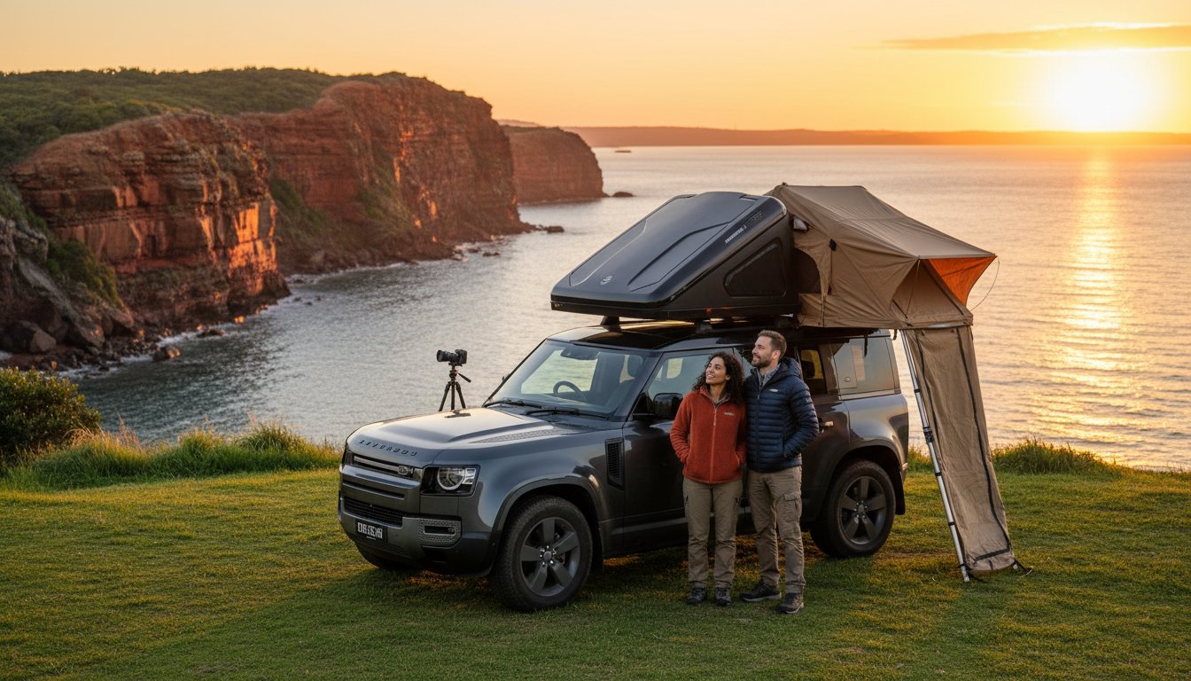 A couple stands beside a SUV with a rooftop tent, overlooking cliffs and a calm ocean at sunset. A camera on a tripod is set up nearby, capturing the scenic view.
