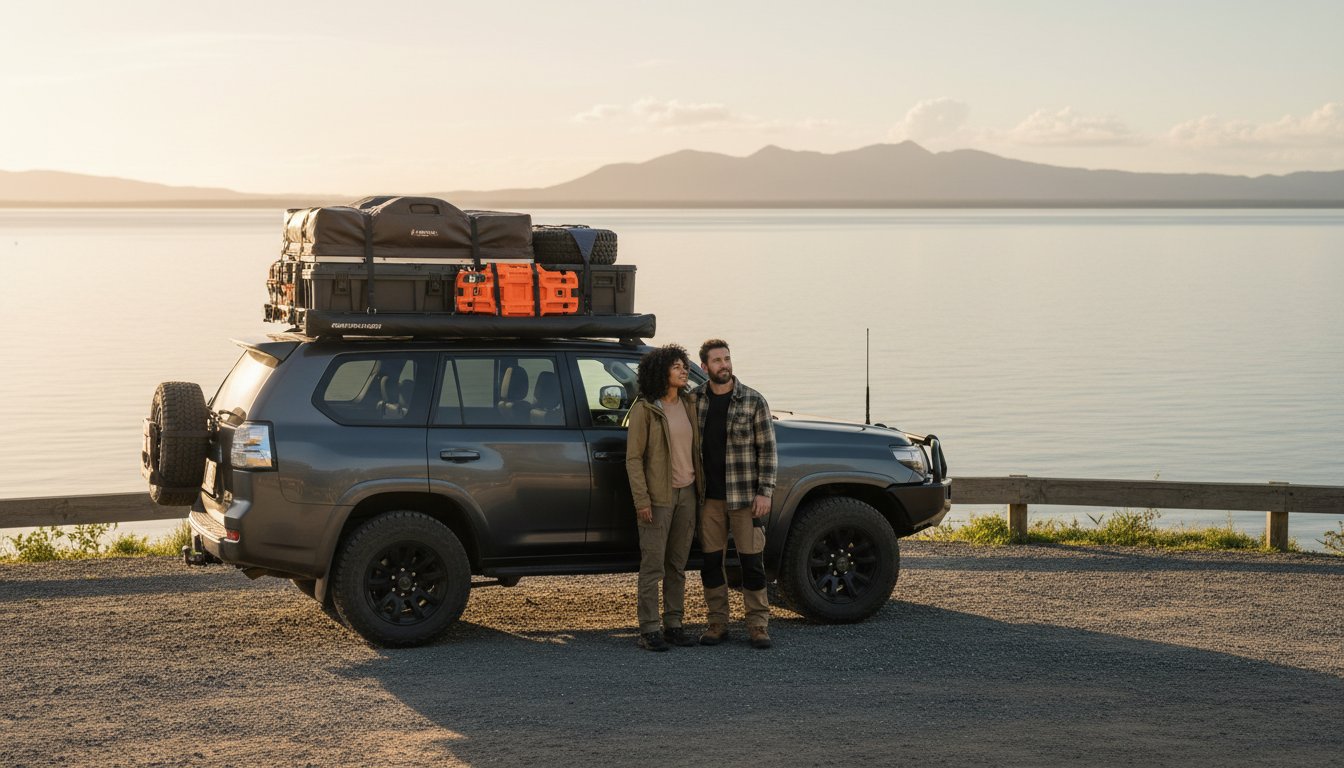 A couple stands beside a packed SUV with gear secured on its roof, parked near a lake with mountains in the background, under a clear sky at sunset.