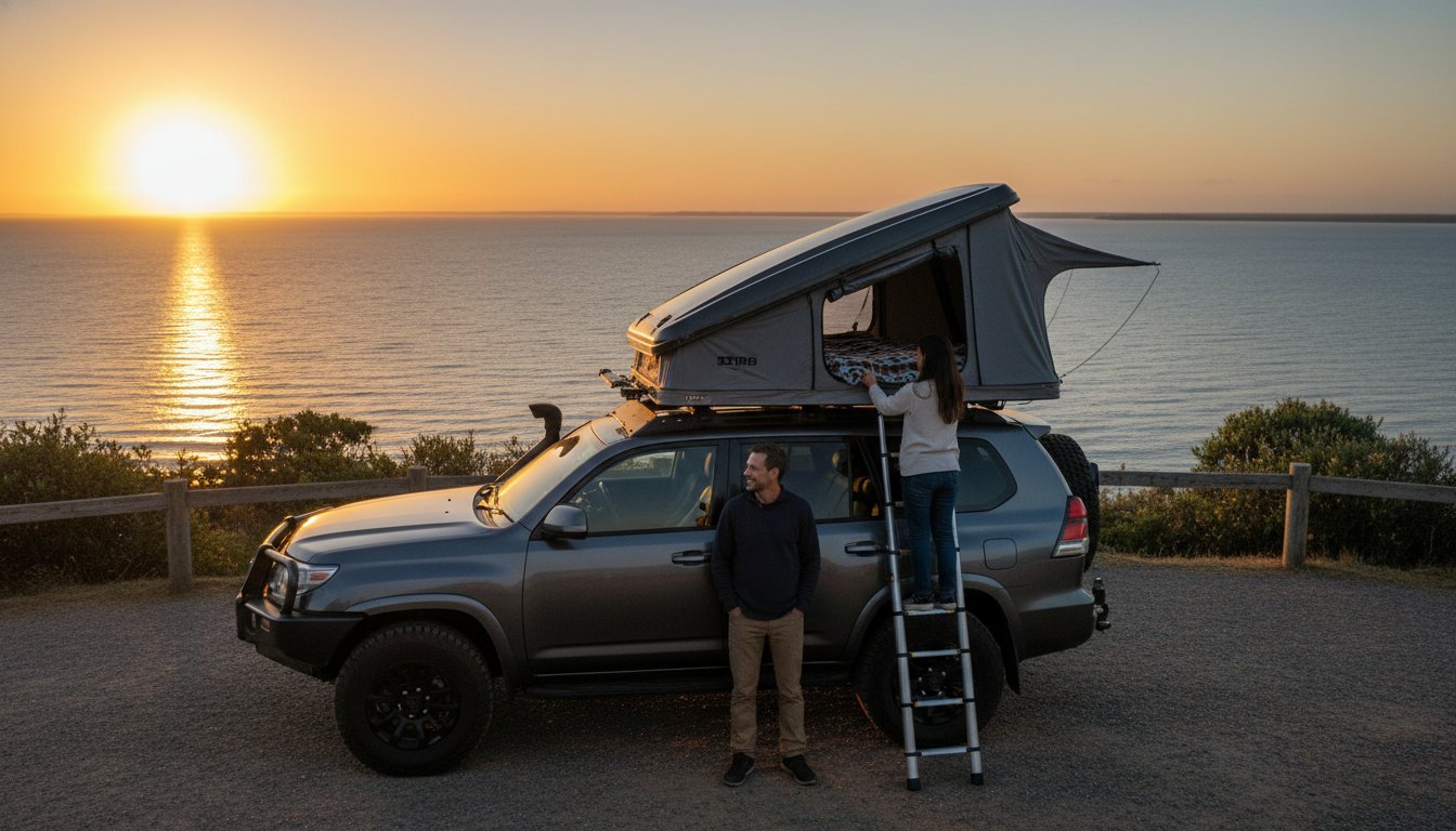 A man stands beside an SUV parked by the ocean at sunset, while a woman climbs a ladder to a rooftop tent on the vehicle. The sun is low over the calm water, casting a warm glow.