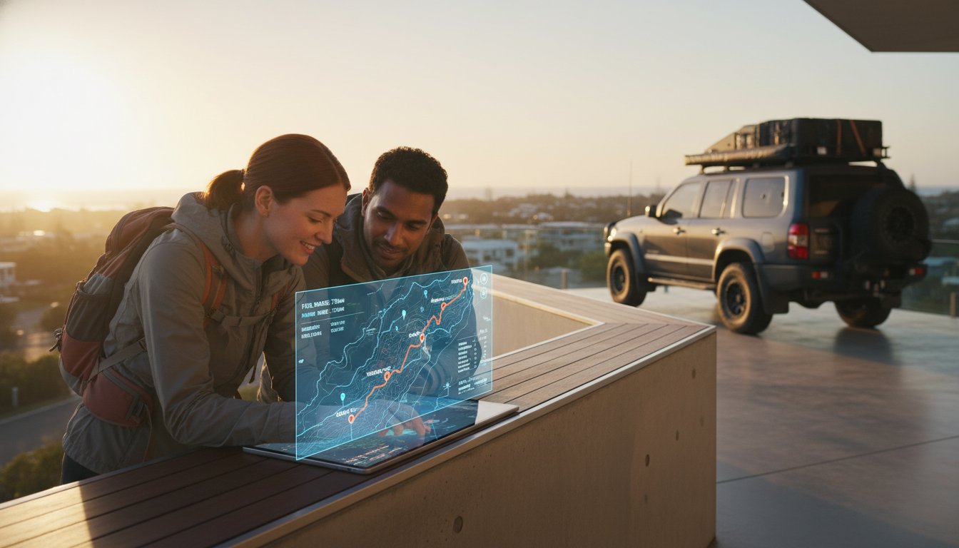 Two people in outdoor gear look at a futuristic, transparent digital map on a table, planning a route. A rugged SUV with gear on the roof is parked nearby at sunset, with a cityscape in the background.