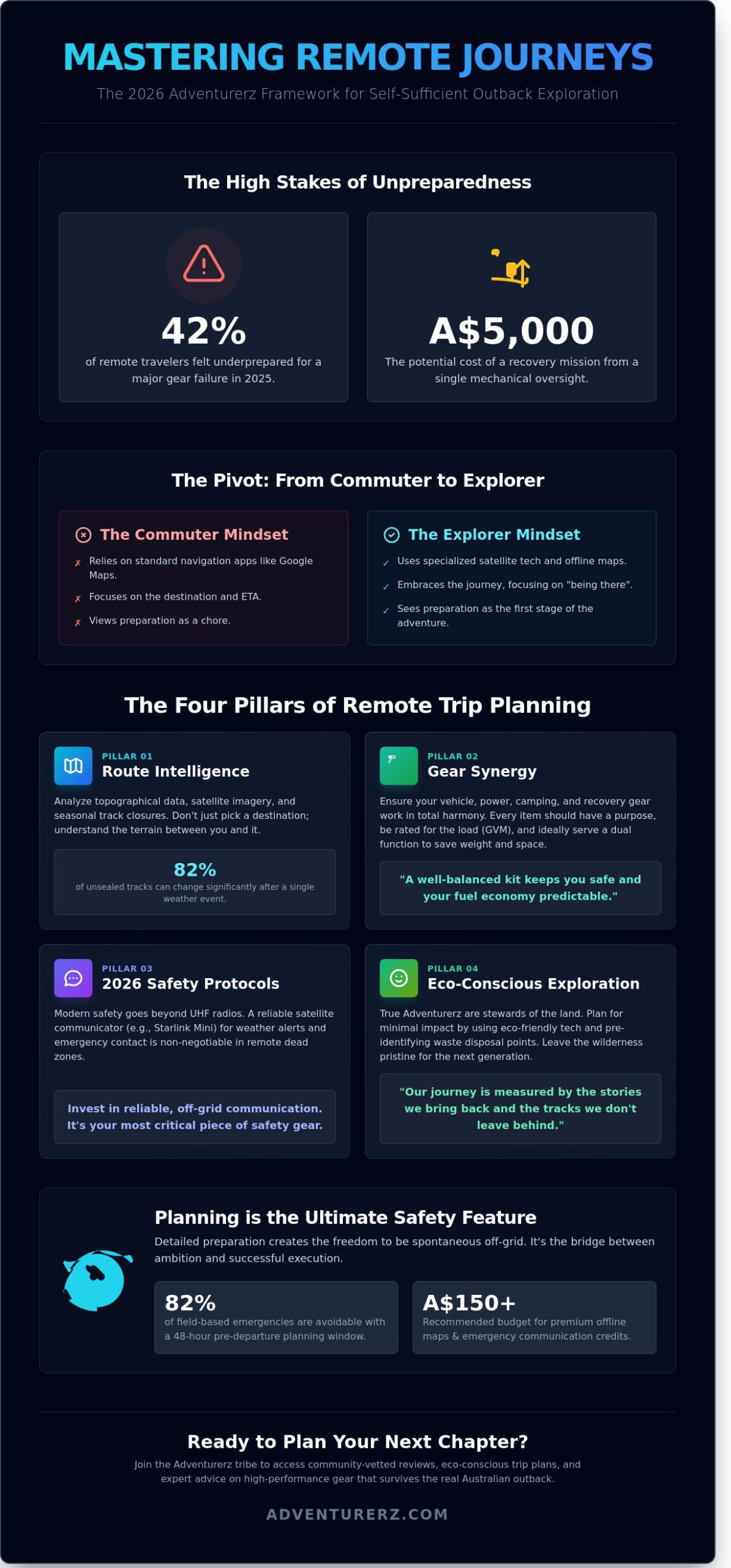 Infographic titled "Mastering Remote Journeys" with stats and tips for self-sufficient outback travel, including unpreparedness rates, financial risks, trip planning pillars, safety protocols, eco-travel advice, and planning benefits.