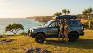 Two people in outdoor gear stand by an SUV parked on a grassy cliff overlooking the ocean, with palm trees and rocky coastline in the background under a clear sky.