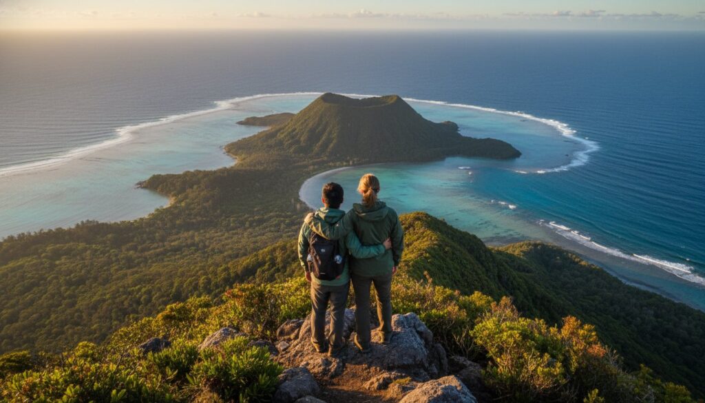 Two hikers stand on a lush hilltop, overlooking a volcanic island surrounded by blue ocean and a coral reef at sunset, with green forests and clear skies in the background.