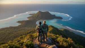Two hikers stand on a lush hilltop, overlooking a volcanic island surrounded by blue ocean and a coral reef at sunset, with green forests and clear skies in the background.