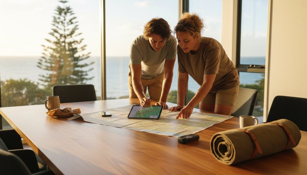 Two people stand at a table by large windows overlooking the sea, examining a paper map and a tablet. Camping gear, mugs, and a rolled-up mat are on the table, suggesting trip planning.