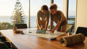 Two people stand at a table by large windows overlooking the sea, examining a paper map and a tablet. Camping gear, mugs, and a rolled-up mat are on the table, suggesting trip planning.