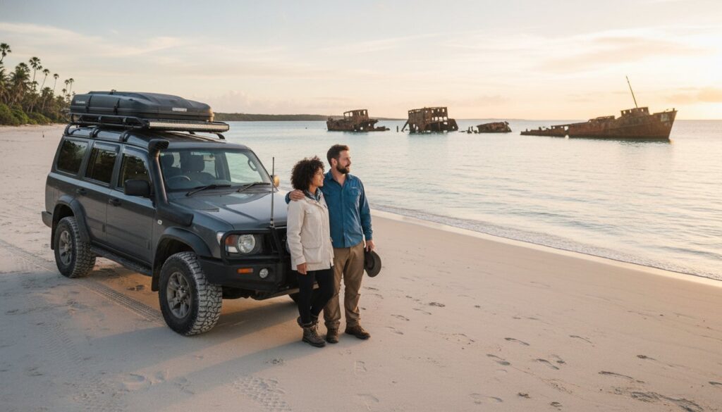 A couple stands beside a black SUV parked on a sandy beach at sunset, looking out toward the ocean where several rusty shipwrecks are visible in the shallow water. Palm trees line the distant shore.