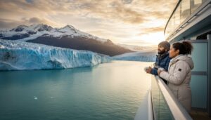 A man and woman stand on a ship&rsquo;s deck, holding mugs and enjoying the view of a vast glacier, turquoise water, and snow-capped mountains under a bright, cloudy sky.
