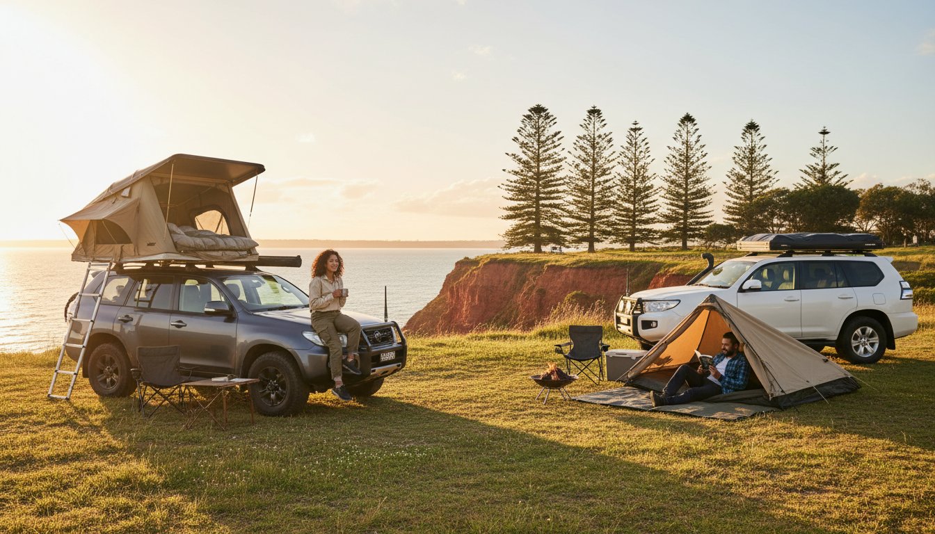 Two SUVs parked on a grassy cliff by the sea at sunset; one has a rooftop tent, the other is beside a ground tent. Two people relax by the tents, surrounded by camping chairs and gear, with tall trees in the background.